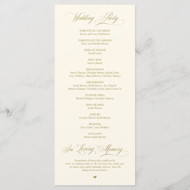 Programme Classic Elegance Gold Script Cérémonie Mariage (Dos)