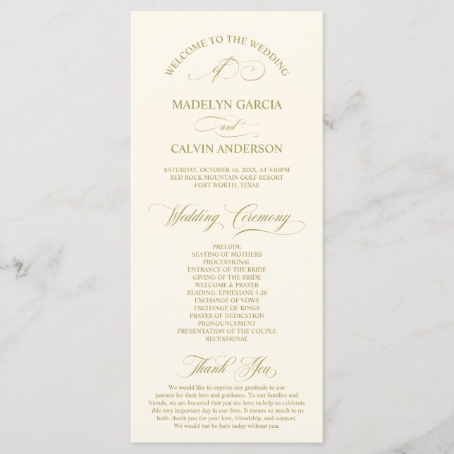Programme Classic Elegance Gold Script, Cérémonie Mariage (Devant)