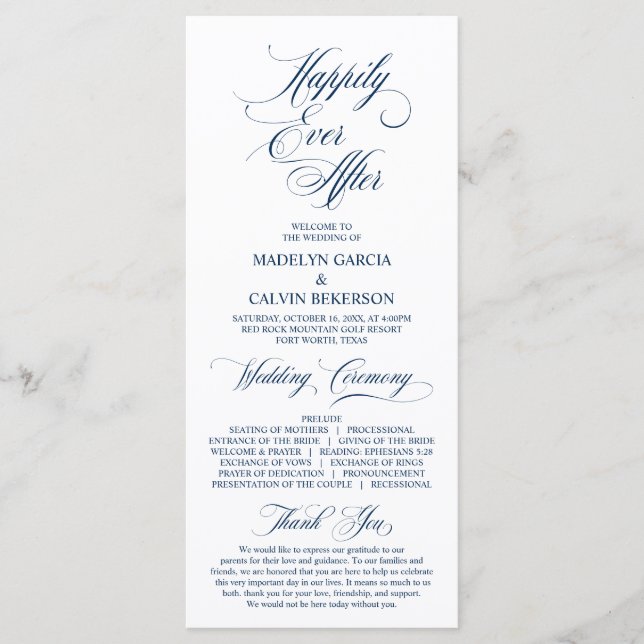 Programme Classic Elegance Marine Bleu Script Mariage cérémo (Devant)