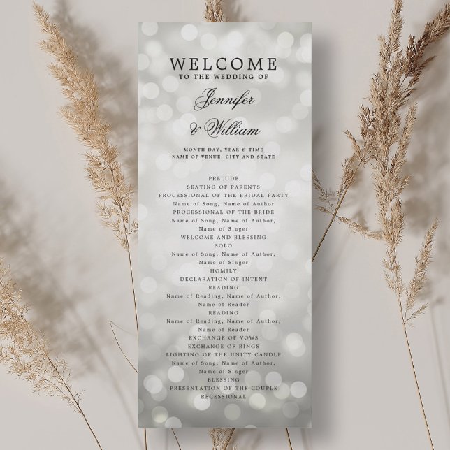 Programme Classique de mariage de script Lumières  (Classic Script Wedding Program Silver Bokeh Lights)