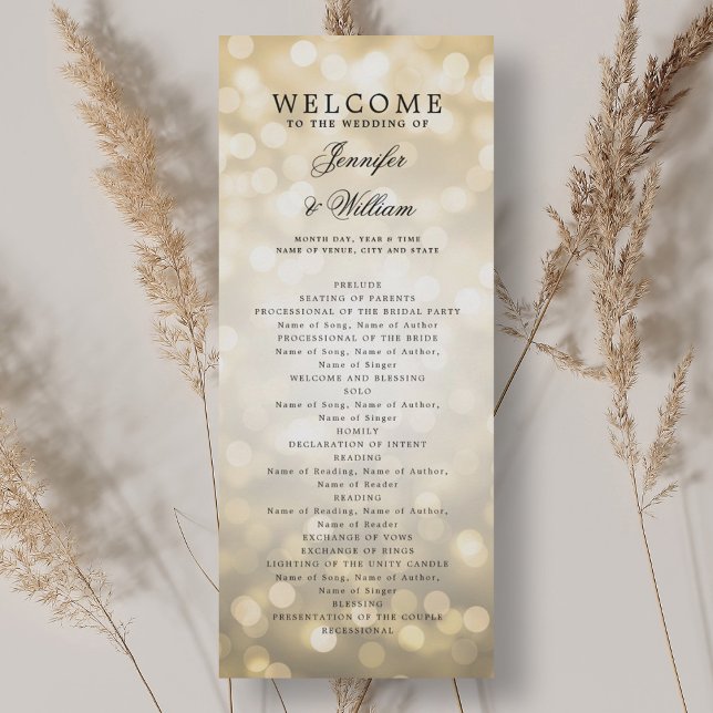 Programme classique de mariage Script Gold Bokeh L (Classic Script Wedding Program Gold Bokeh Lights)