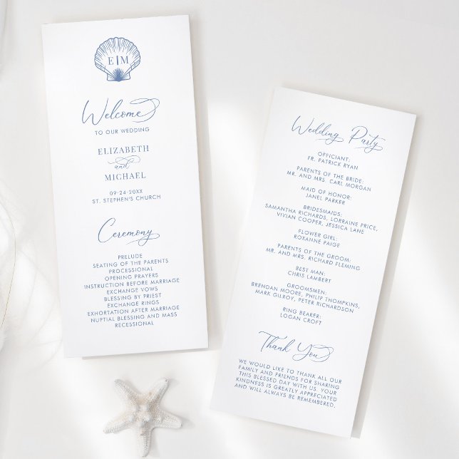 Programme Coastal Blue Beach Shell Monogram Wedding (Créateur téléchargé)