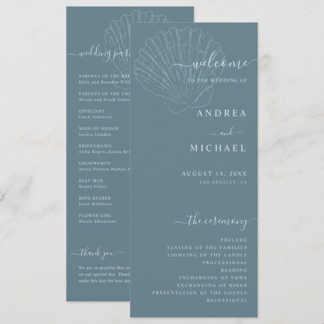 Programme Coastal Blue Nautical Hand Drawn Seashell Wedding (Devant / Derrière)