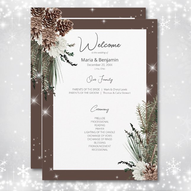 Programme Coca rustique Brown Pine Hiver Étincelle Mariage (Rustic Cocoa Brown Pine Winter Sparkle Wedding Program)