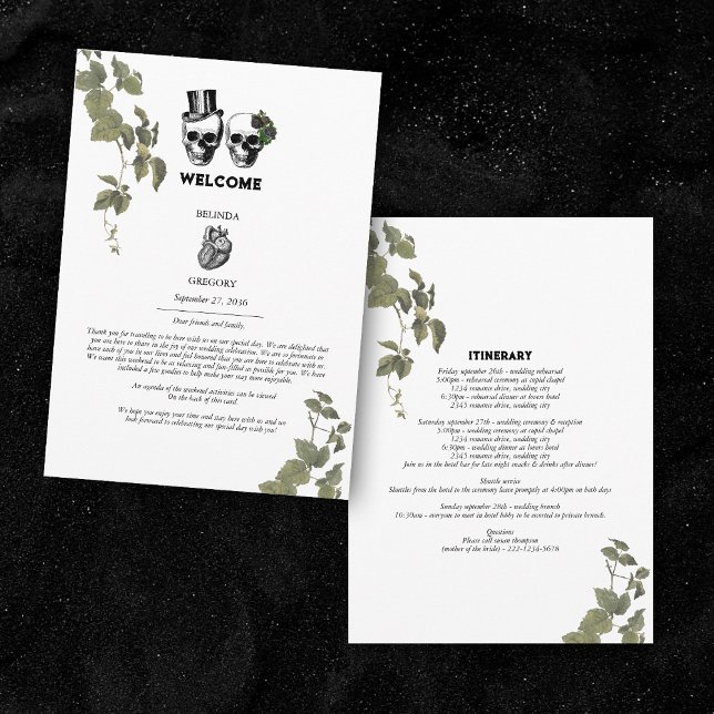Programme Coeur gothique Flore Mariage Itinéraire (Gothic Heart Floral Skull Wedding Itinerary Program)