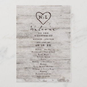 Programme Cœurs Gravés Cérémonie de Mariage Rustique en Boul