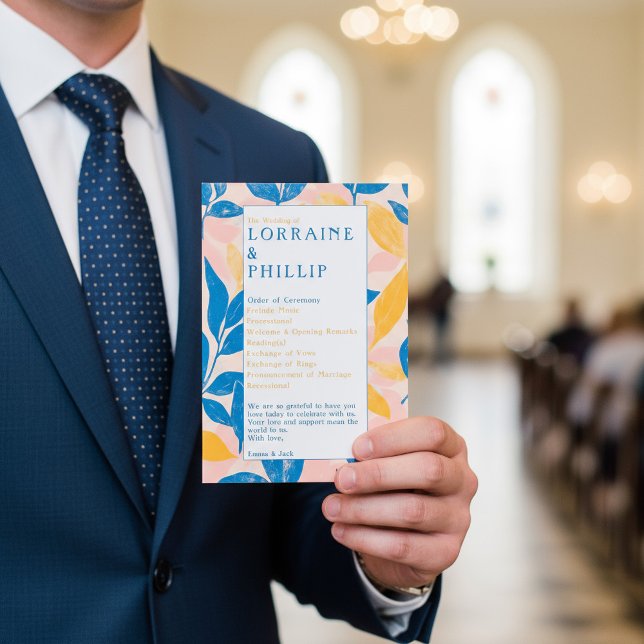 Programme Coloré moderne Botanique bleu jaune Mariage (Colorful Modern Botanical blue yellow Wedding Program.)