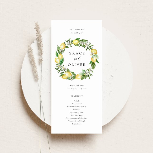 Programme Couronne botanique de citron avec Mariage de verdu (Customizable Wedding Program Fan with Watercolor Lemons, Blossoms & Greenery Wreath)