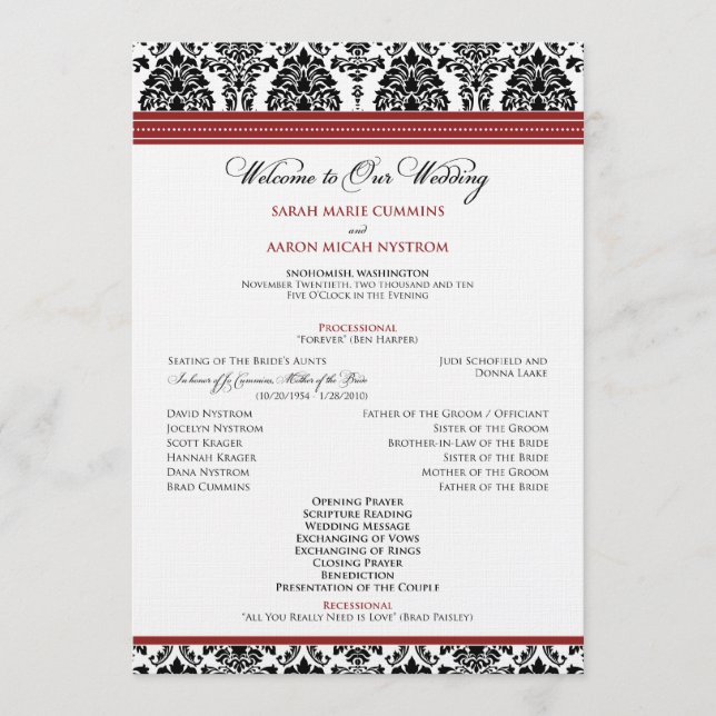 Programme : coutume : Damask black/red Wedding Program (Devant)
