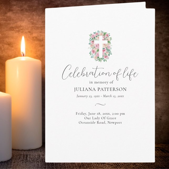 Programme Croix Rose florale Photo Funérailles Ordre de serv (Créateur téléchargé)