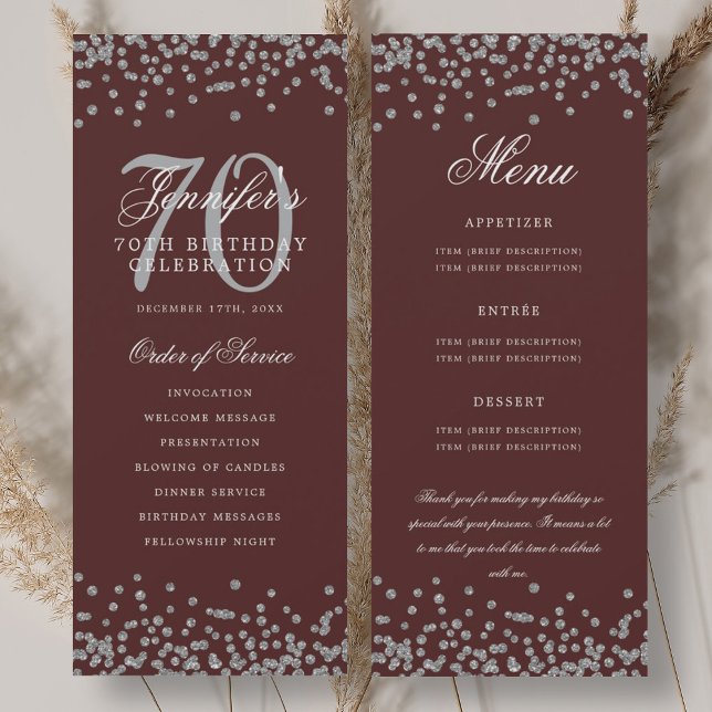 Programme d'anniversaire 70e Menu Merci U Argent B (70th Birthday Program Menu Thank U Silver Burgundy)