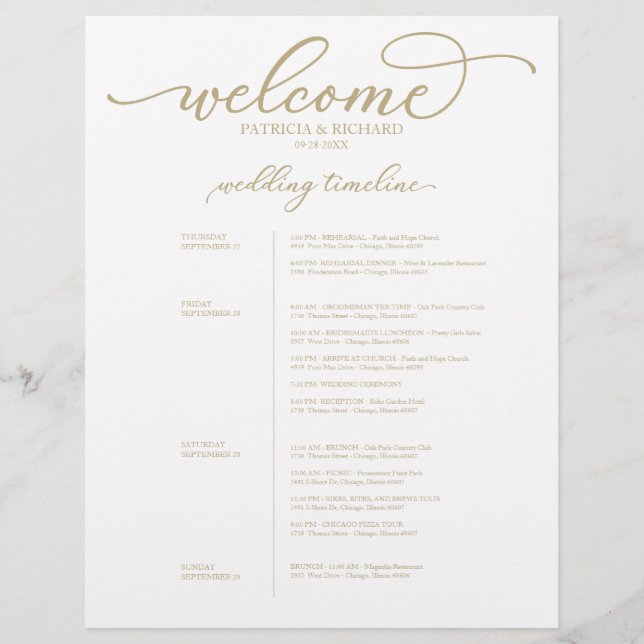 Programme de 4 Jours de Mariage Chic Script Or (Devant)