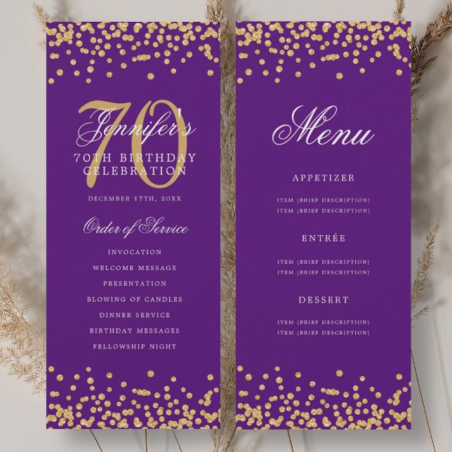 Programme de 70e anniversaire Menu Confettis Or Vi (70th Birthday Program Gold Purple Confetti Menu)