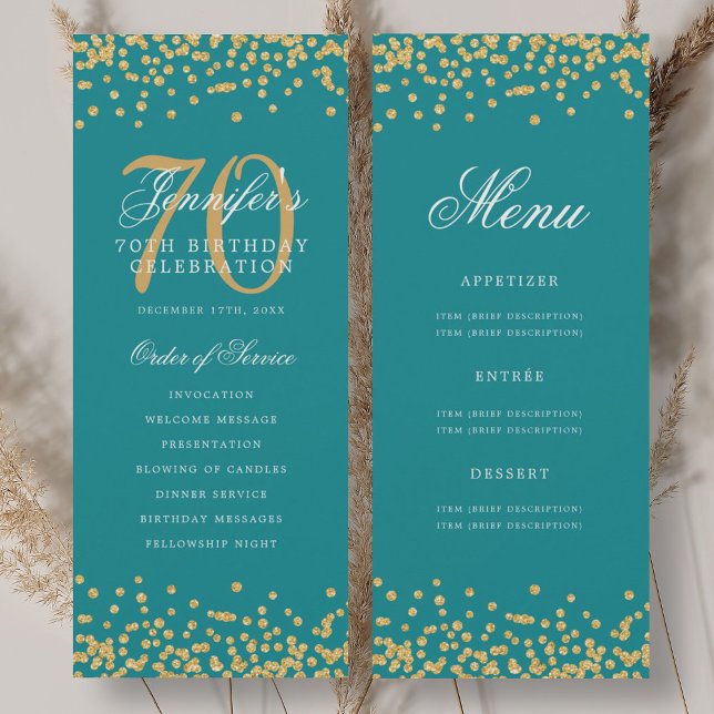 Programme de 70e anniversaire Menu Confettis Turqu (70th Birthday Program Gold Turquoise Confetti Menu)