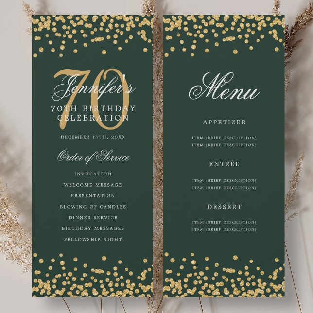 Programme de 70e anniversaire Menu confettis vert  (70th Birthday Program Gold Green Confetti Menu)