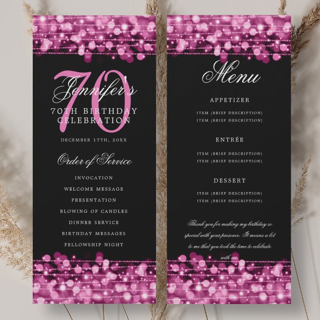 Programme de 70e anniversaire Menu Rose Chaud+Reme (70th Birthday Program Hot Pink Menu+Thank You)