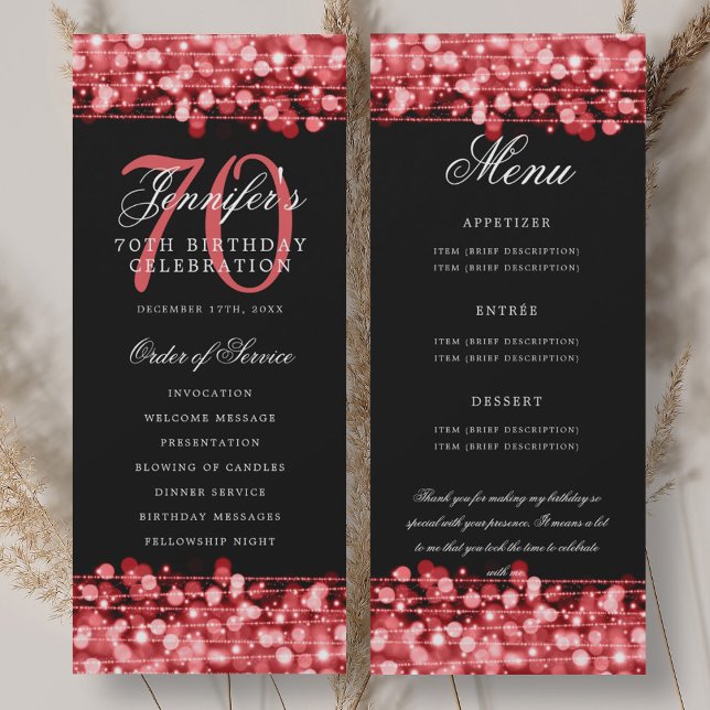 Programme de 70e anniversaire Menu Rouge Rubis+Rem (70th Birthday Program Ruby Red Menu+Thank You)