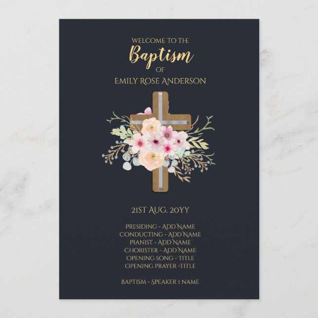 Programme de baptême - Floral Cross Navy Blue Gold (Devant)