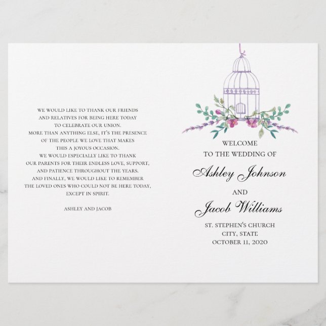 programme de cage à oiseaux mariage plié. Fleurs v (Devant)