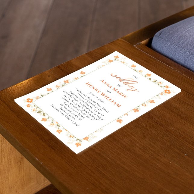 Programme de calligraphie des Mariages floraux (Welcome wedding program with elegant peach floral greenery and calligraphy script. )