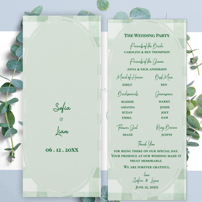 Programme de cérémonie de mariage à carreaux vert  (Sage Green Gingham Wedding Program | Garden Party Ceremony Program Card)