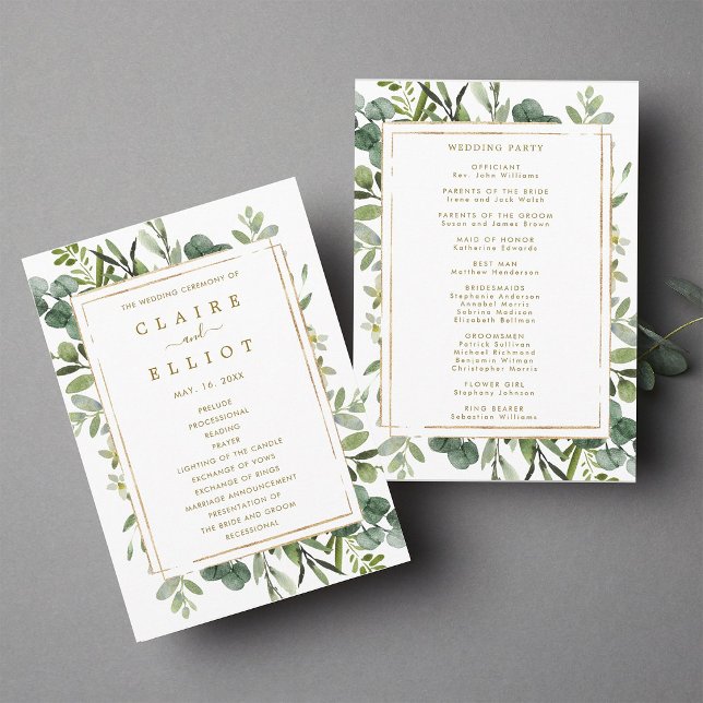 Programme de cérémonie de mariage à la verdure dor (Front & Back)