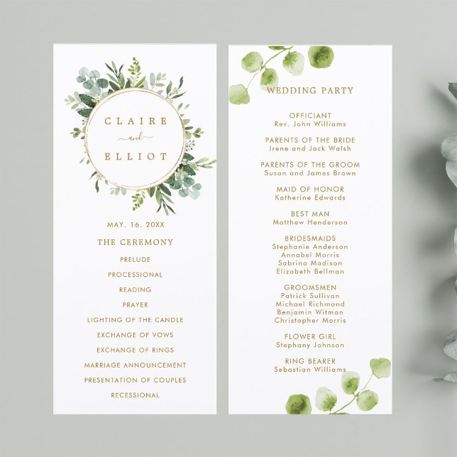 Programme de cérémonie de mariage à la verdure dor (Front & Back)