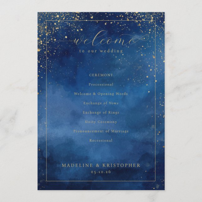 Programme de cérémonie de mariage à l'aquarelle bl (Devant)