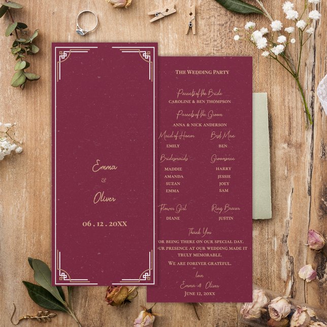 Programme de cérémonie de mariage Art Déco or burg (Burgundy Gold Art Deco Wedding Program Black Tie Ceremony Program Card)