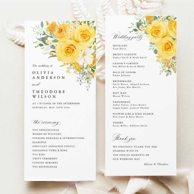 Programme de cérémonie de mariage aux roses floral (Yellow rose floral wedding program card, watercolor garden, elegant wedding ceremony program)
