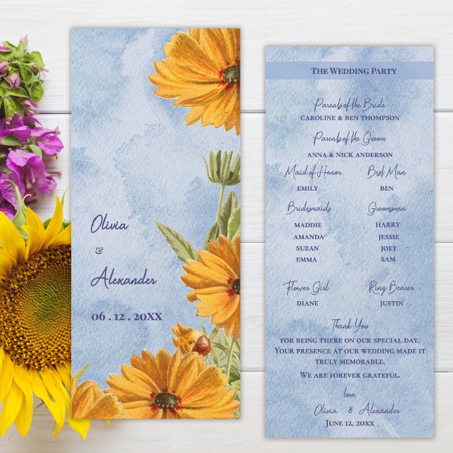 Programme de cérémonie de mariage aux tournesols à (Watercolor Sunflower Wedding Program Card Summer Countryside Ceremony Program)