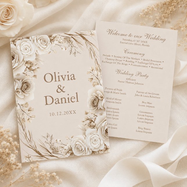 Programme de cérémonie de mariage beige aux roses  (Ivory Roses Beige Wedding Ceremony Program with ivory flowers)