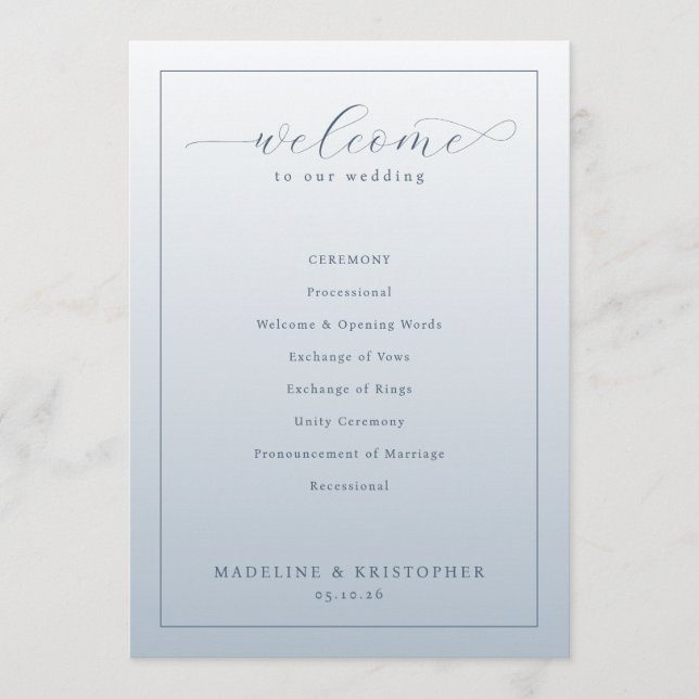 Programme de cérémonie de mariage bleu élégant (Devant)