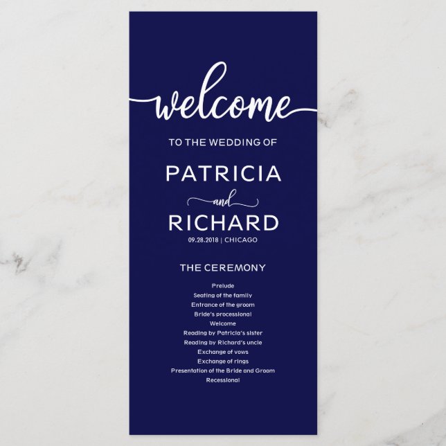 Programme de cérémonie de mariage bleu marine (Devant)