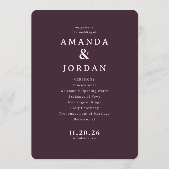 Programme de cérémonie de mariage bordeaux élégant (Devant)