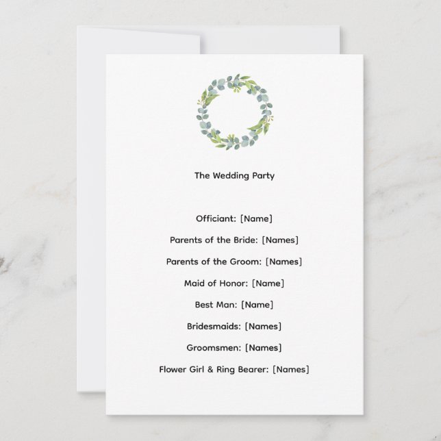 Programme de cérémonie de mariage botanique Eucaly (Devant)