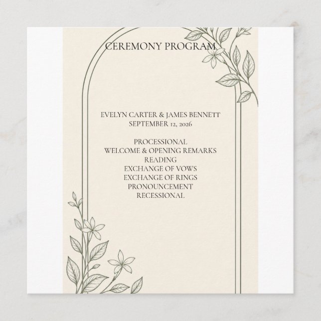 Programme de cérémonie de mariage botanique olive  (Devant)