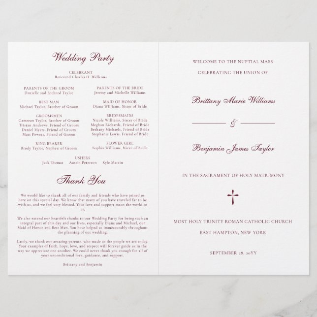 Programme de cérémonie de mariage catholique burgu (Devant)