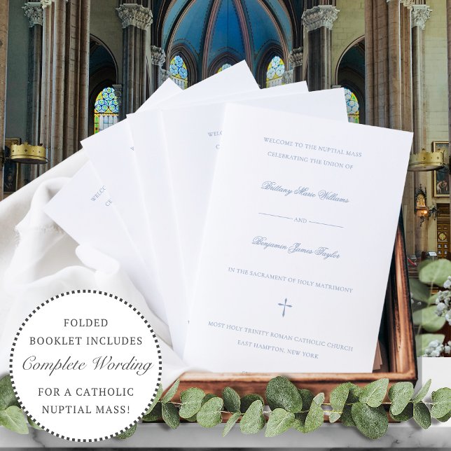 Programme de cérémonie de mariage catholique de me (Dusty blue Catholic wedding mass program with elegant calligraphy script.)