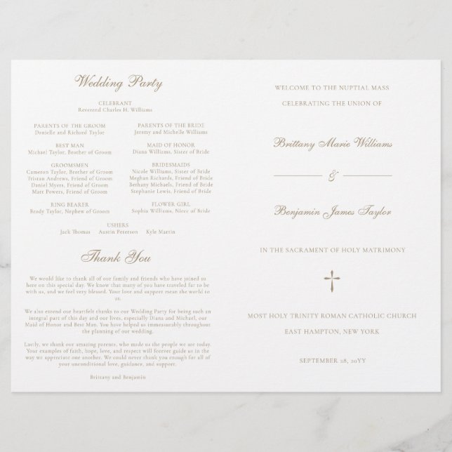 Programme de cérémonie de mariage catholique en or (Devant)
