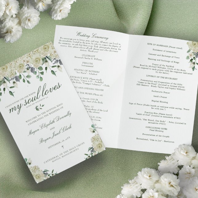 Programme de cérémonie de mariage catholique Megan (White flowers and greenery Catholic wedding program with Bible verse)