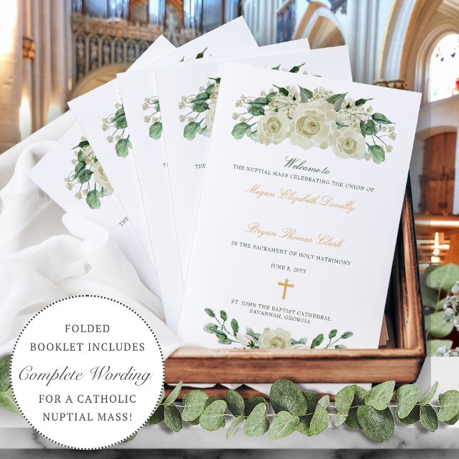 Programme de cérémonie de mariage catholique Megan (White floral Catholic wedding program with gold cross and calligraphy script)