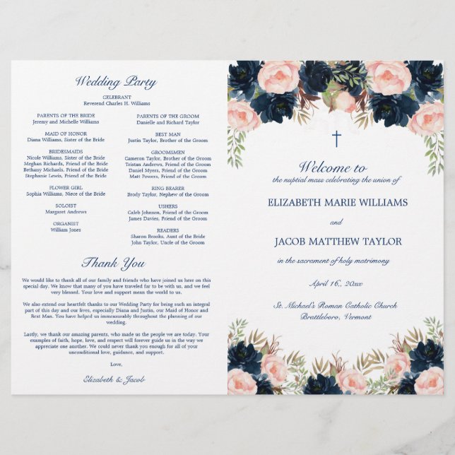 Programme de cérémonie de mariage catholique Navy  (Devant)