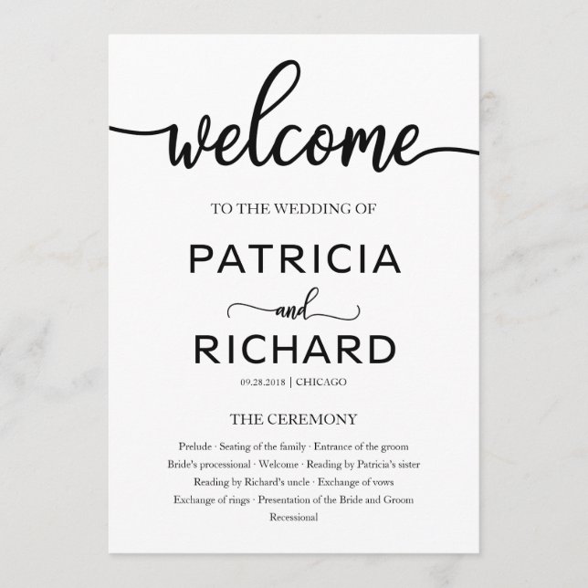 Programme de cérémonie de mariage chic ordre du se (Devant)