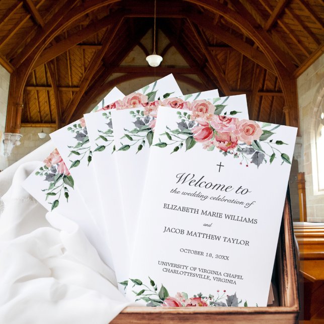 Programme de cérémonie de mariage chrétien Elizabe (Pink, floral, Christian wedding program. Includes complete wording for a Christian ceremony.)