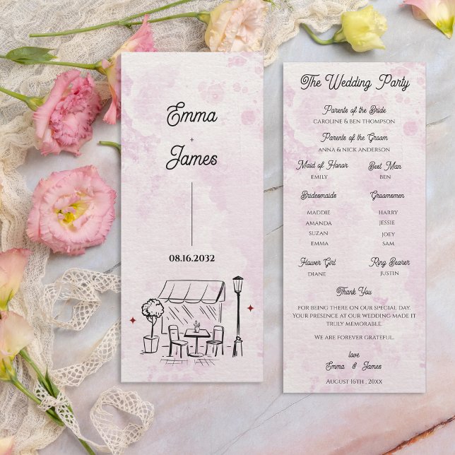Programme de cérémonie de mariage croquis de café  (Romantic Café Sketch Wedding Ceremony Program)