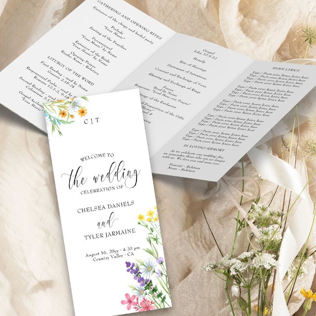 Programme de cérémonie de mariage dans une prairie (Church Wedding Ceremony Program from the Wildflower Meadow Wedding Collection by Darling & May)