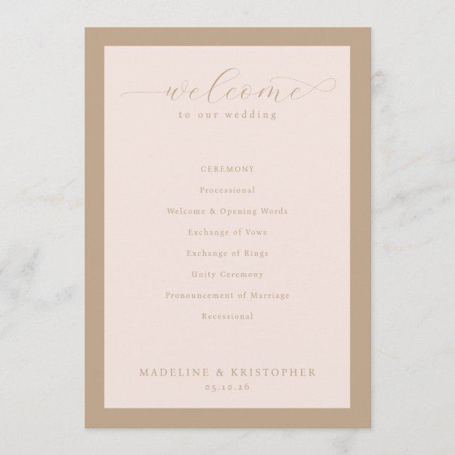 Programme de cérémonie de mariage élégant beige (Devant)