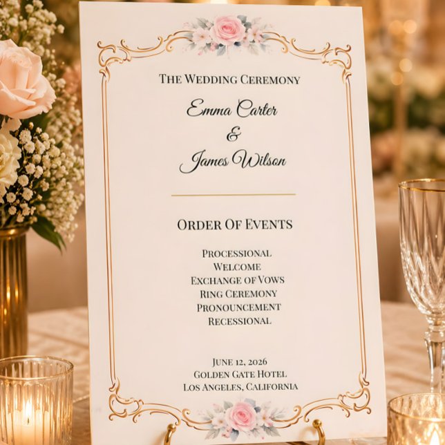 Programme de cérémonie de mariage Elegant Blush (Rococo themed wedding order of events card)