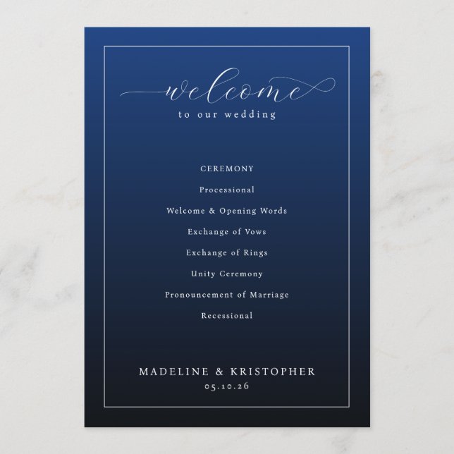 Programme de cérémonie de mariage élégant en marin (Devant)